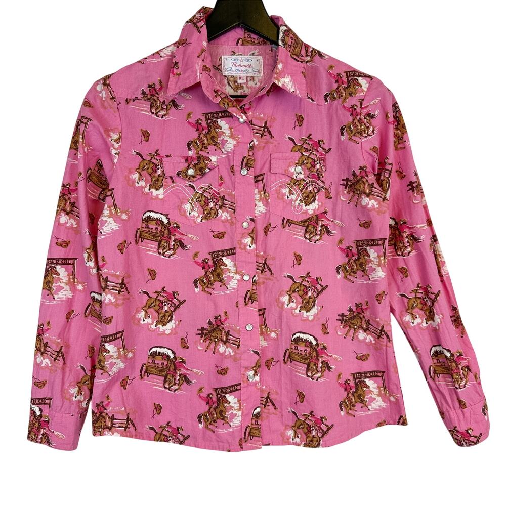 Panhandle Girls Western Cowboy Long Sleeve Snap Shirt Pink Cotton - XL